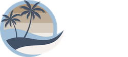 A logo with two palm trees and a wave in a circle.