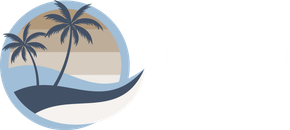 A logo with two palm trees and a wave in a circle.