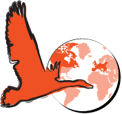 A drawing of a bird flying over a globe.