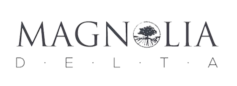 Magnolia Delta logo in black and gray with a globe inside the “O” and spaced lettering