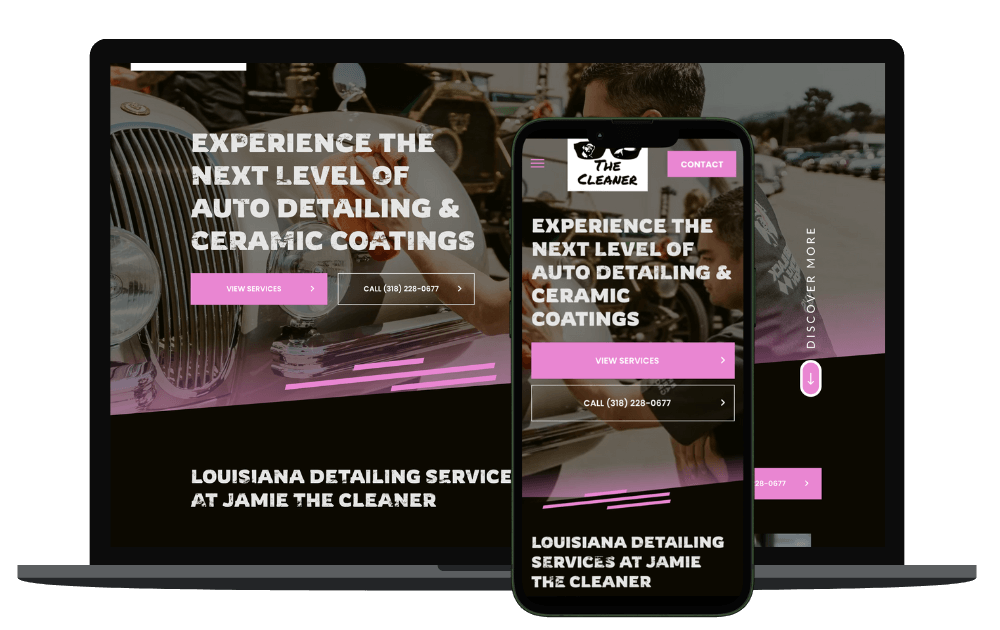 A laptop and a cell phone displaying a website for auto detailing and ceramic coatings.
