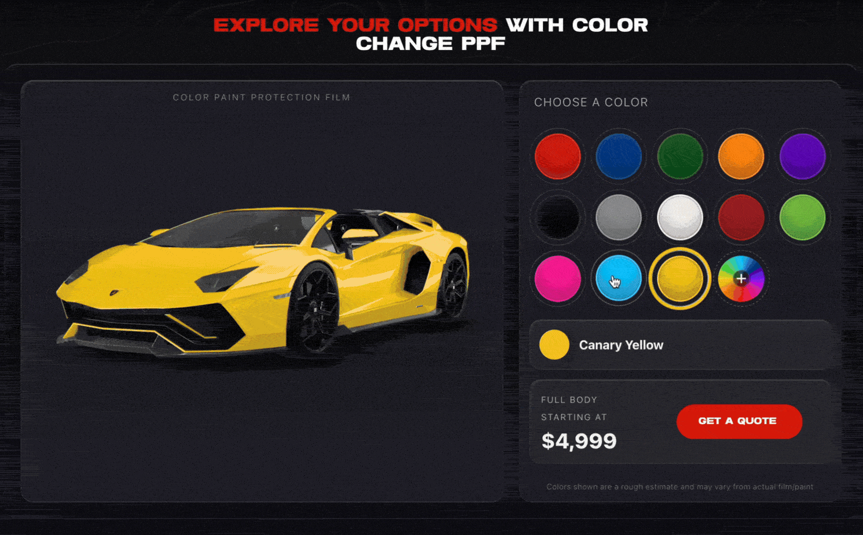 Sports car color PPF picker interface with multiple color swatches and price button