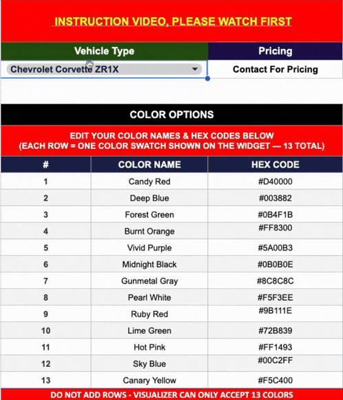 Spreadsheet of vehicle color options with names and hex codes, plus a vehicle type dropdown at the top.