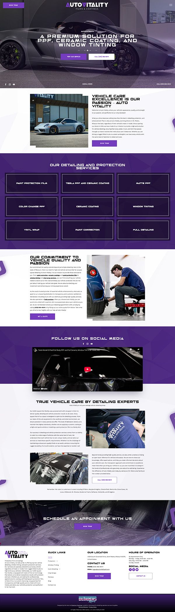 Website homepage with images of a car, purple header and sections with text and photos about cars.