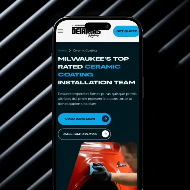 Mobile website promoting ceramic coating services in Milwaukee; includes text, buttons, and a photo of a car being detailed.