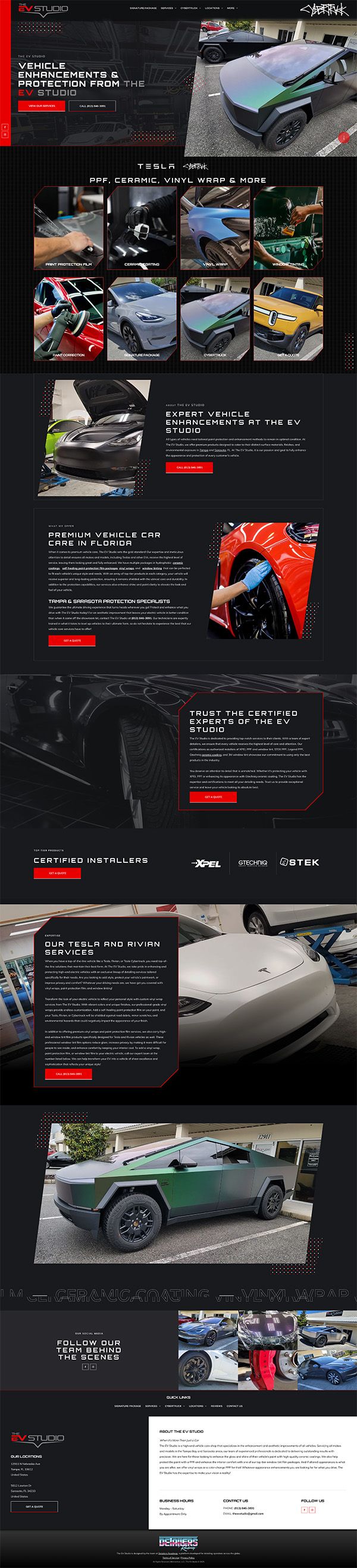 Website with car photos and red accents. Dark theme, gallery, and news sections.