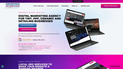 Marketing agency website homepage with laptop mockups and purple gradient header showing the UserWay tool being used.