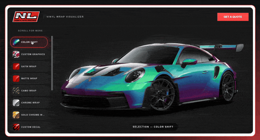 Render of a Porsche with customization and left-side menu options of car vinyl wraps