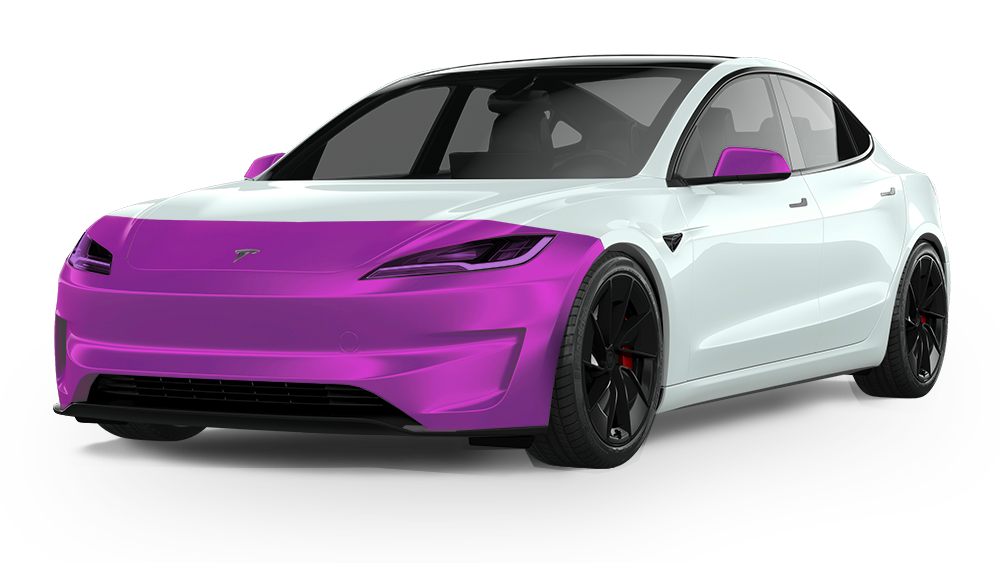 White Tesla with magenta accents on the front and side mirrors, black wheels.