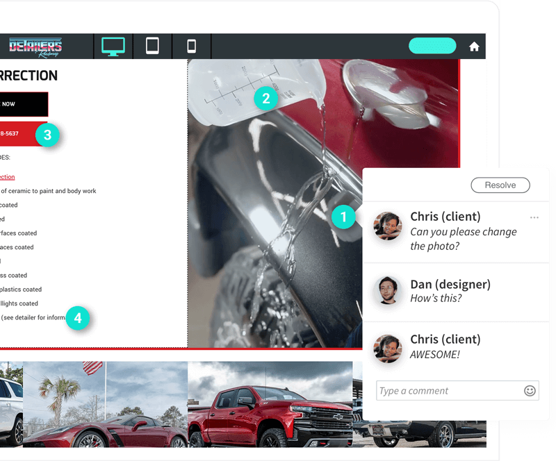 a screenshot of a website showing a red truck and a white truck .