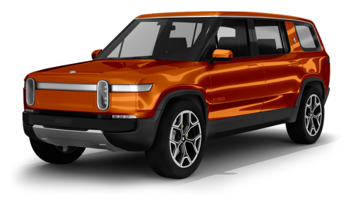 Orange highlights on Rivian R1S render showing a full vehicle package deal.