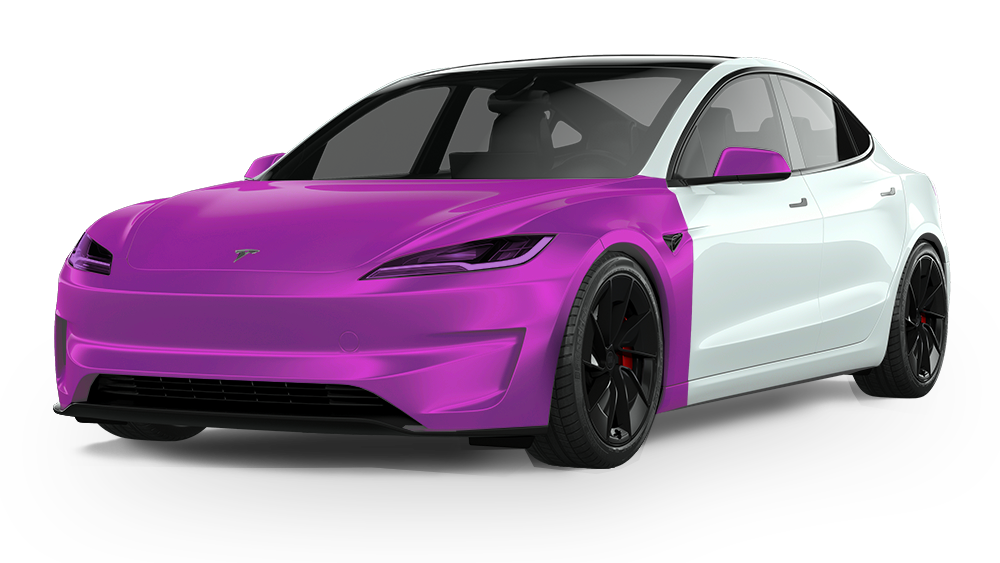 Tesla electric car, white with purple front end, black wheels.