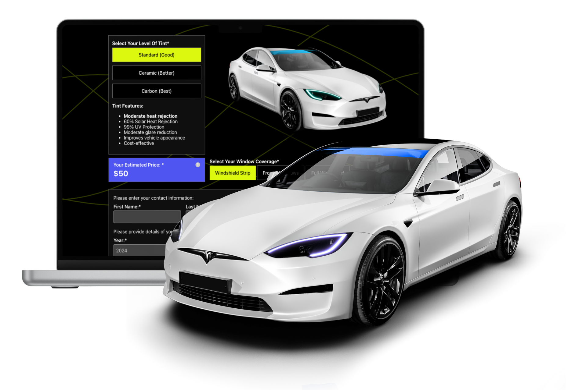 A white tesla model s is sitting next to a laptop computer.
