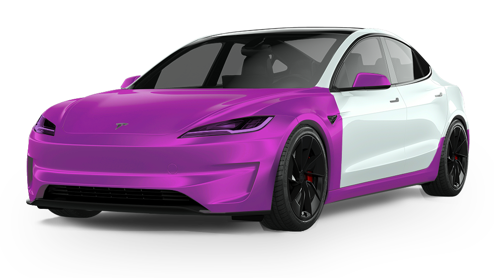 Purple and white Tesla sedan.