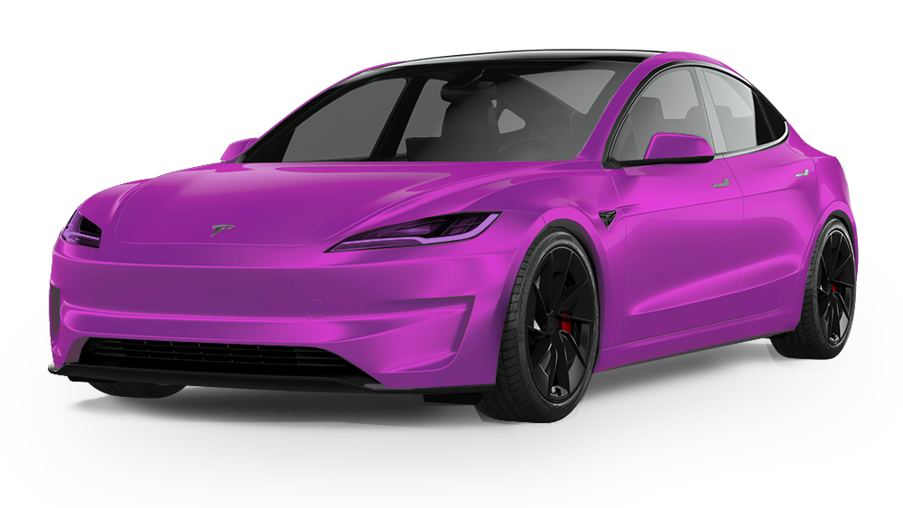 Purple Tesla car on black wheels.