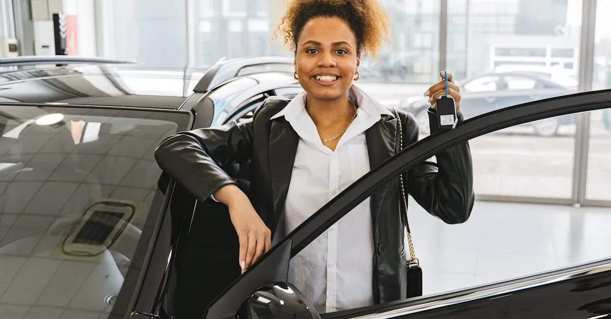 Professional woman leaning on black car at dealership showcasing window tinting SEO agency services.