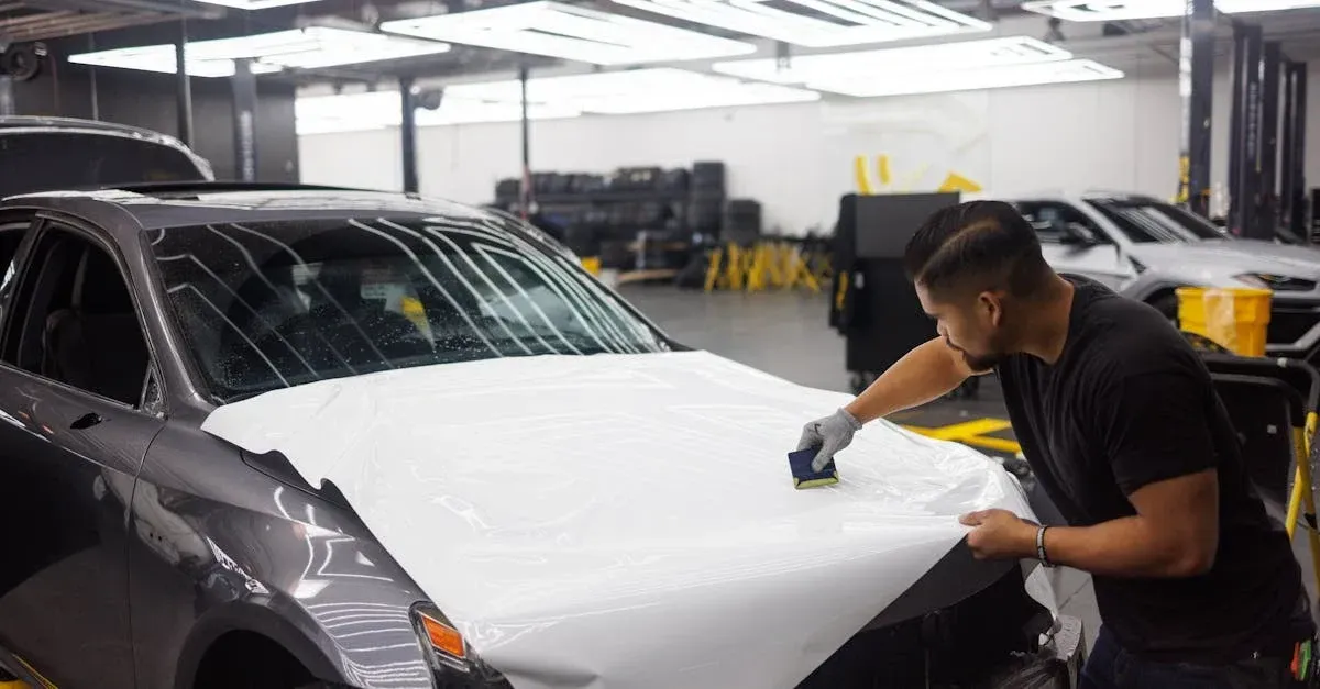 Professional auto detailing technician using precision tools for car interior cleaning and maintenance work.