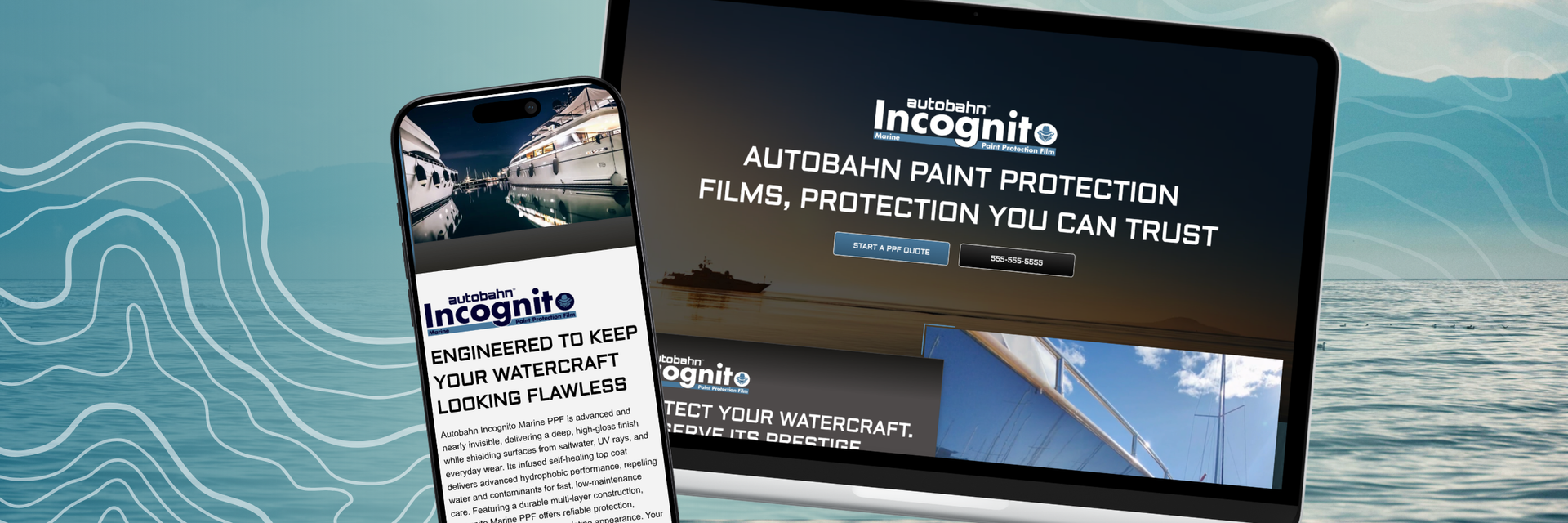 Phone and laptop on a Autobahn Incognito Marine PPF brand manufacturing page with a blue background