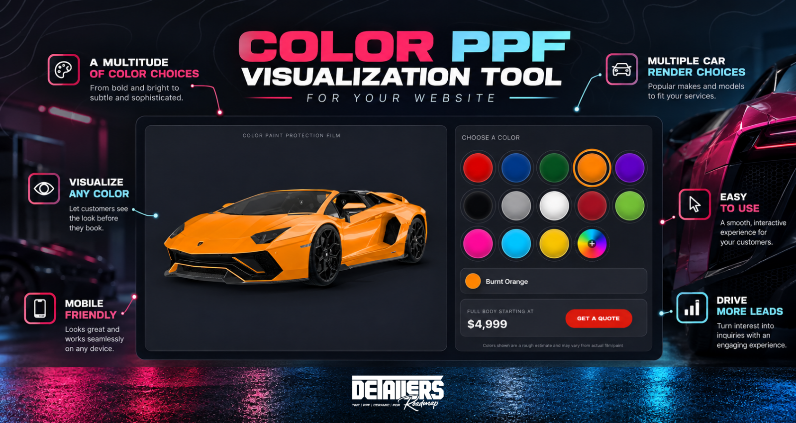 Sports car color PPF picker interface with multiple color swatches and price button