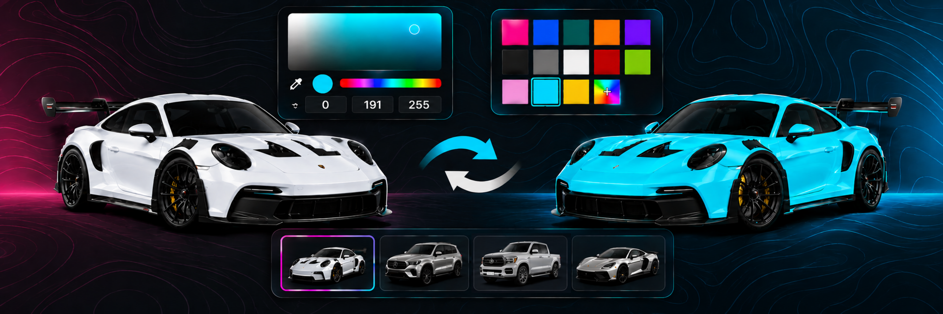 White and blue sports cars with a color palette and design options on a dark background.