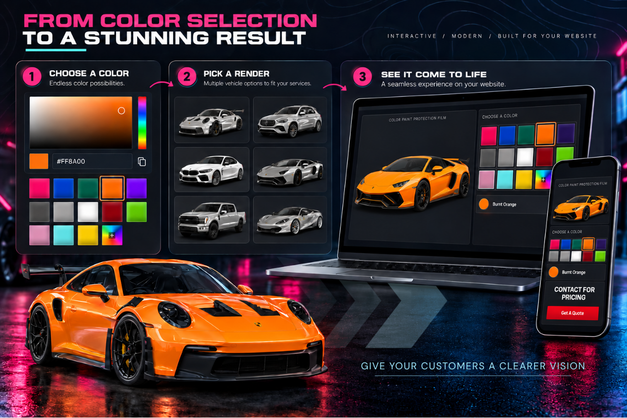 Color selection to tuning result interface showing an orange sports car and paint swatches on screen