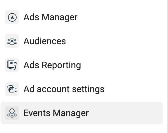 Facebook Ads Manager menu: options include Ads Manager, Audiences, Ads Reporting, Ad account settings, and Events Manager.