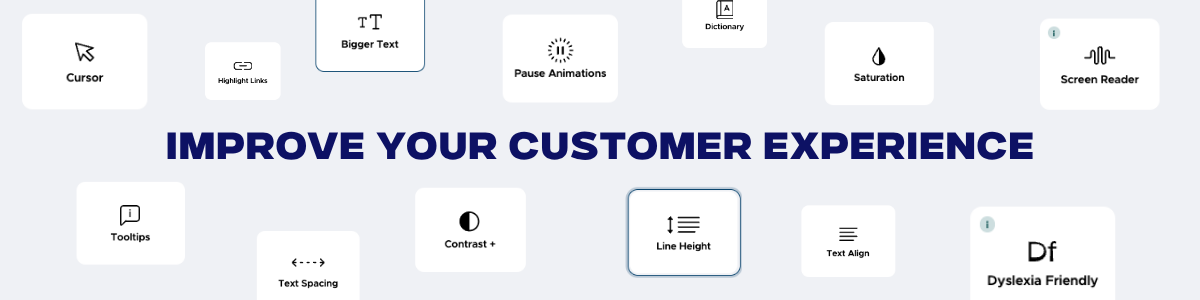 Banner with “IMPROVE YOUR CUSTOMER EXPERIENCE” and small service icons on a white background seen on UserWay's tool widget