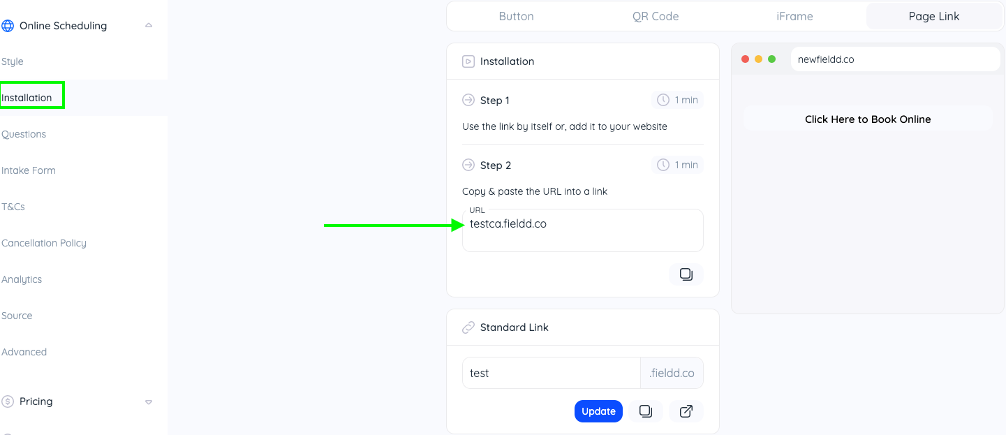 A screenshot of a web page with a green arrow pointing to a box.