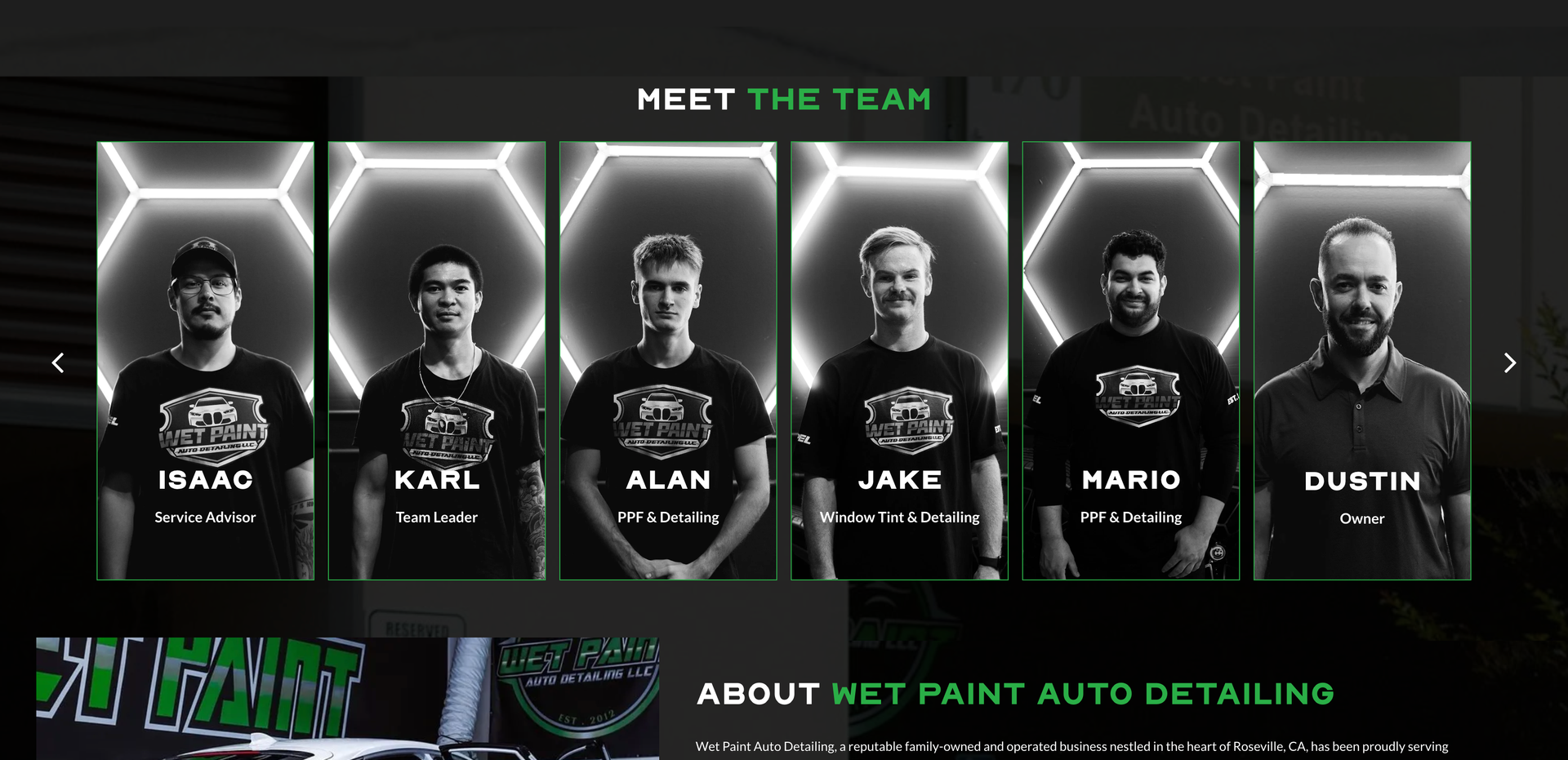 Meet the team: six men in front of glowing hexagon shapes, each labeled with a name.