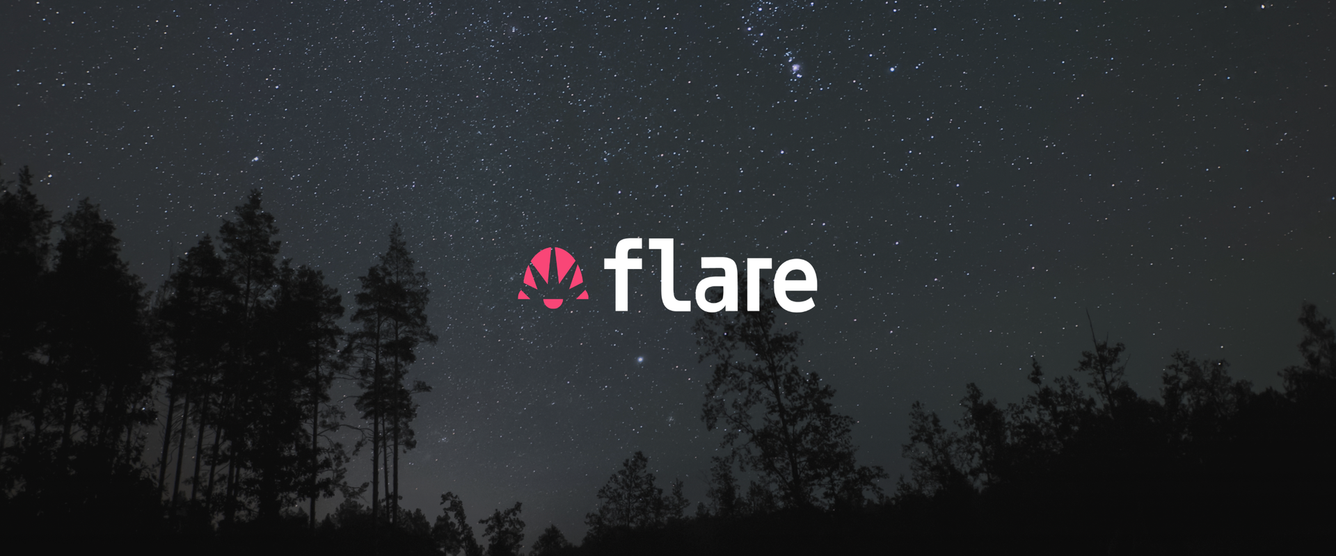 Flare logo centered on a dark starry night sky above silhouetted trees