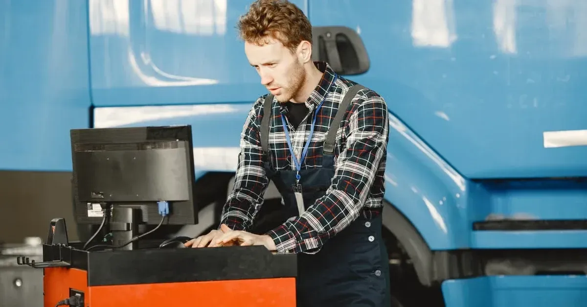 Mechanic in plaid shirt using diagnostic computer at workstation in repair garage with blue truck.
