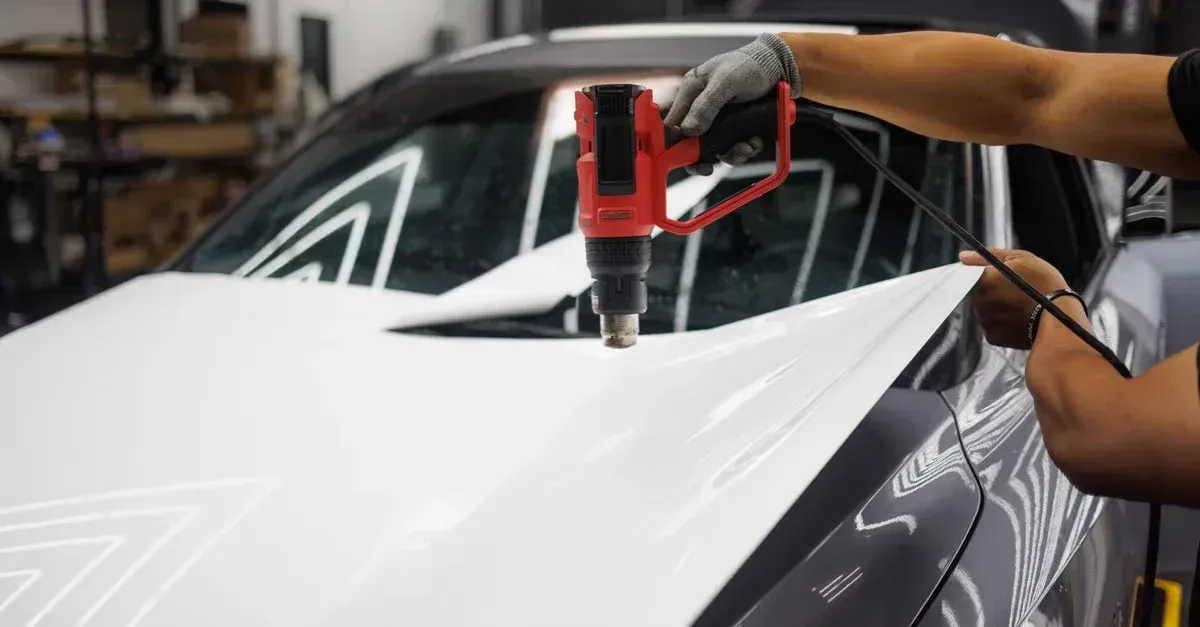 Technician applying window tint to white car hood with heat gun in auto tinting marketing workshop.