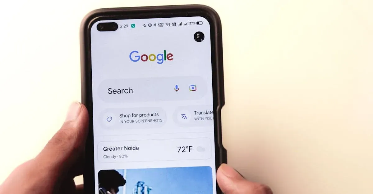 Hand holding smartphone displaying Google search homepage with local results for window tint SEO services.