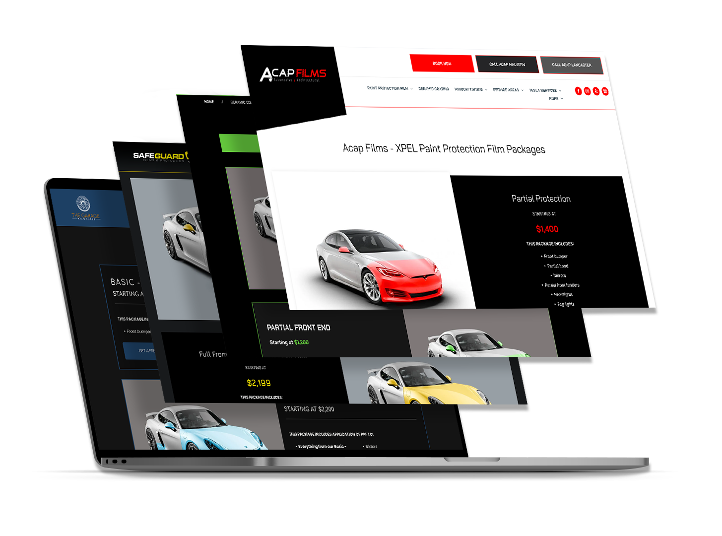Laptop displaying multiple car dealership website pages.