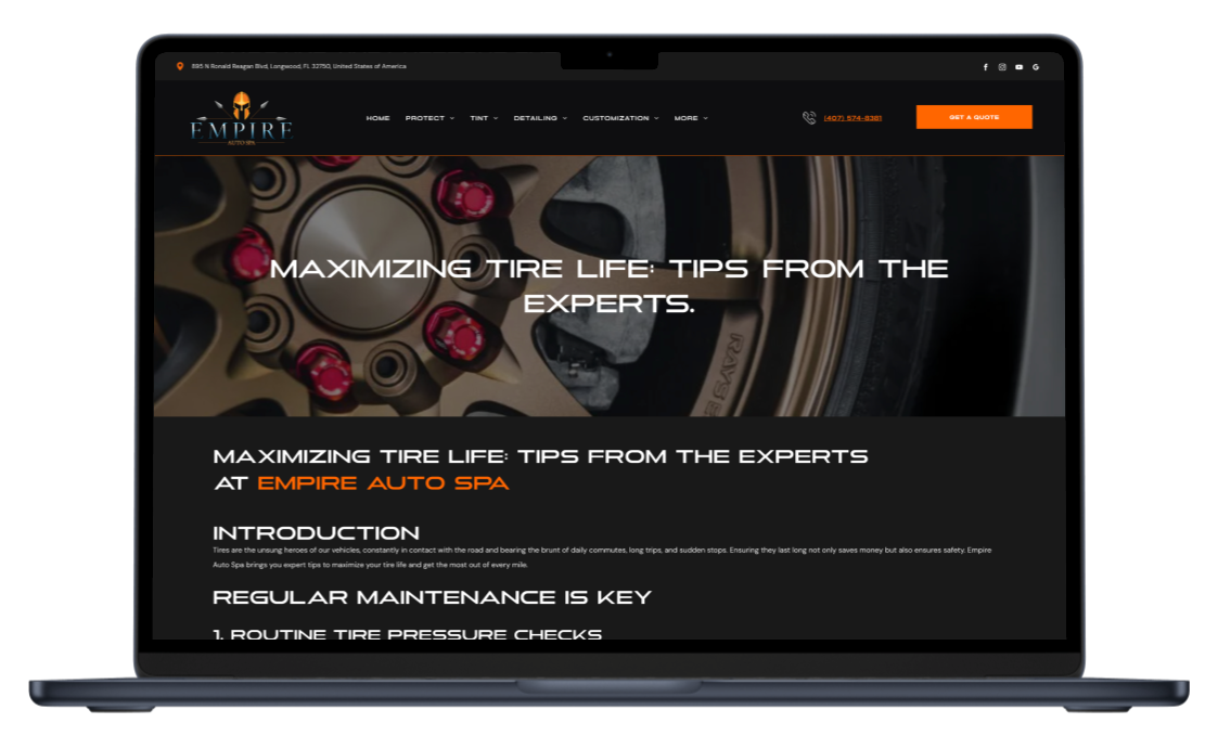 Laptop screen showing an article about maximizing tire life from Empire Auto RPM.