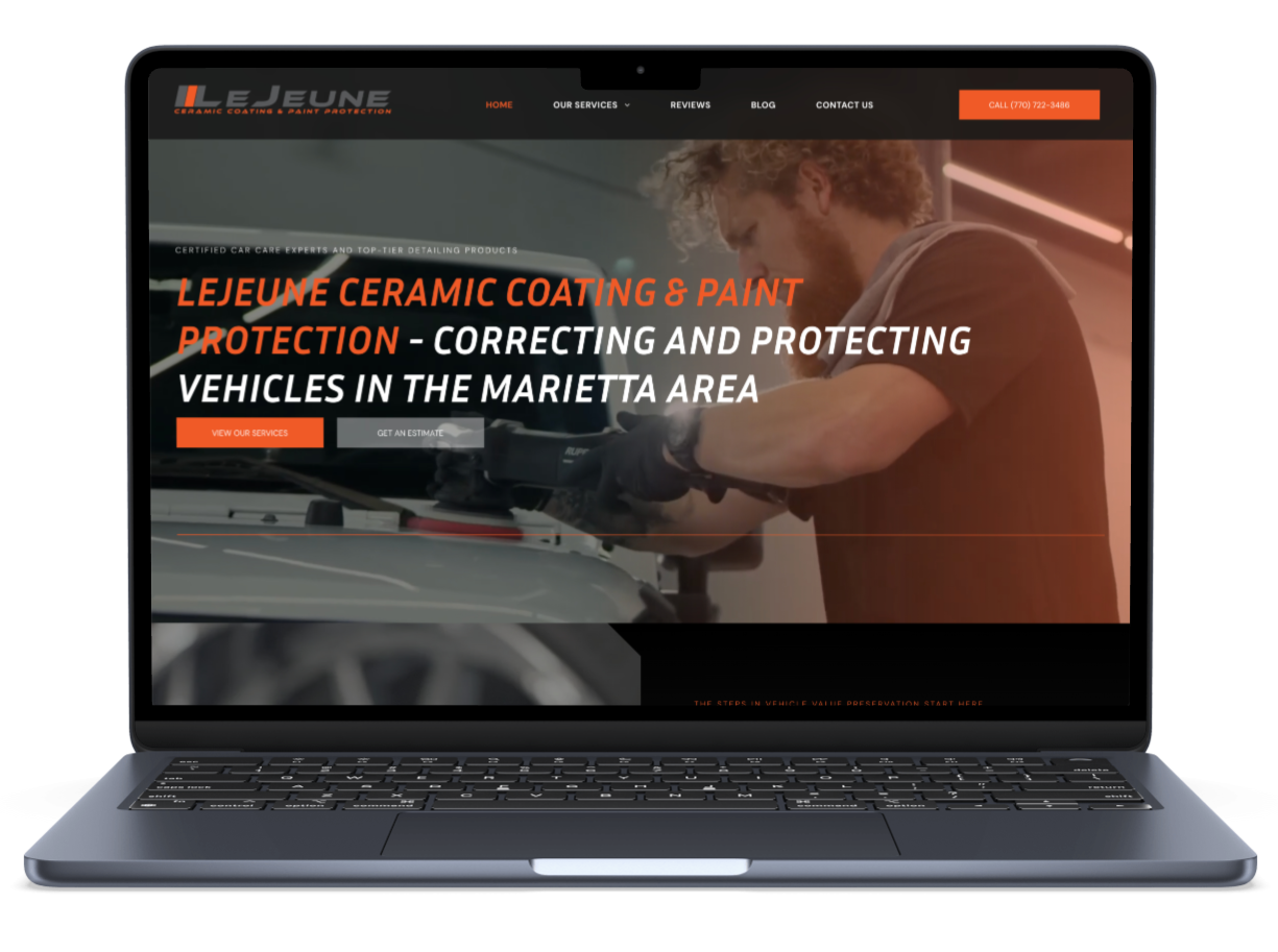 Laptop showing a website for Lejeune ceramic coating & paint protection in the Marietta area.