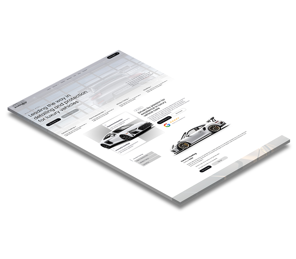 Isometric view of a webpage featuring two white sports cars; text layout on a white background.