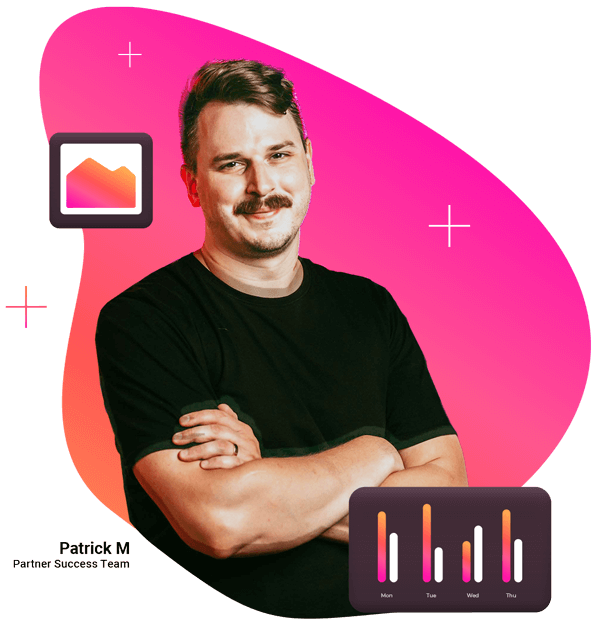 A man with a mustache is standing with his arms crossed