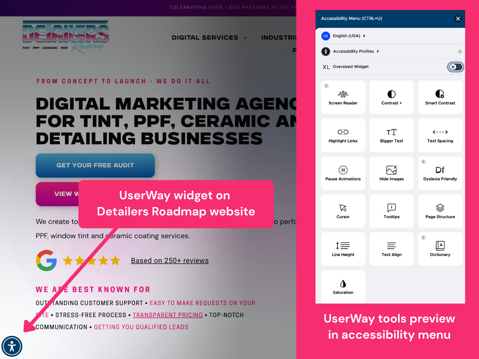 Website mockup for a digital marketing agency with a purple UI and pink UserWay accessibility widgets visible