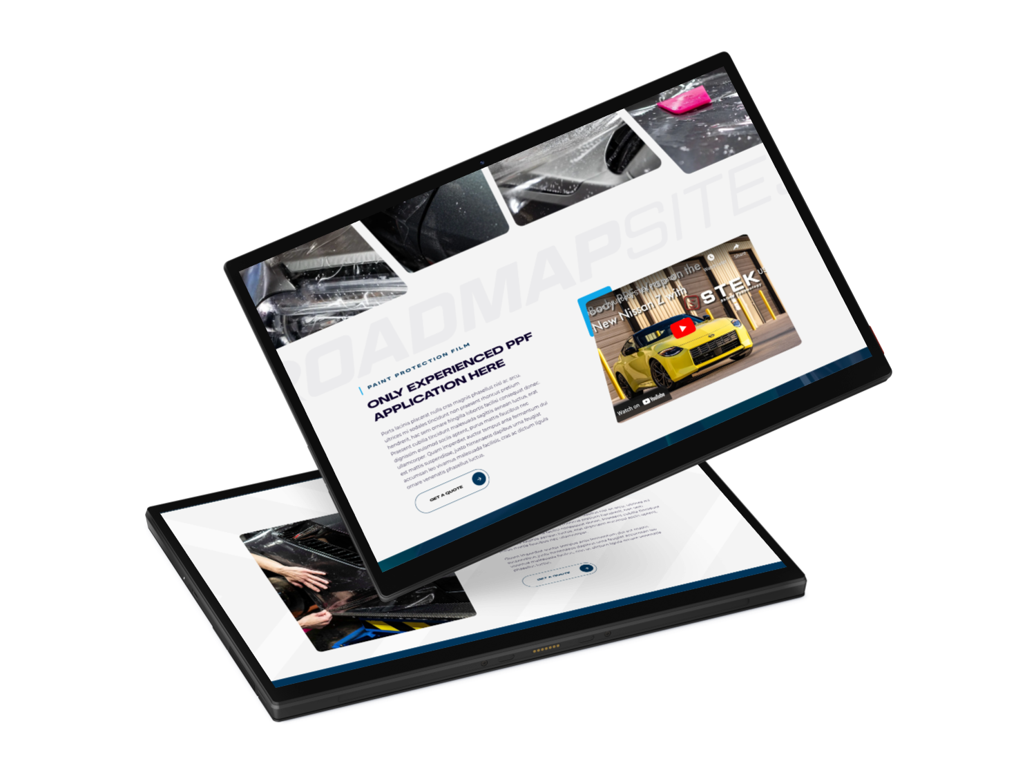 Two screens displaying a website mockup; one is tilted above the other.