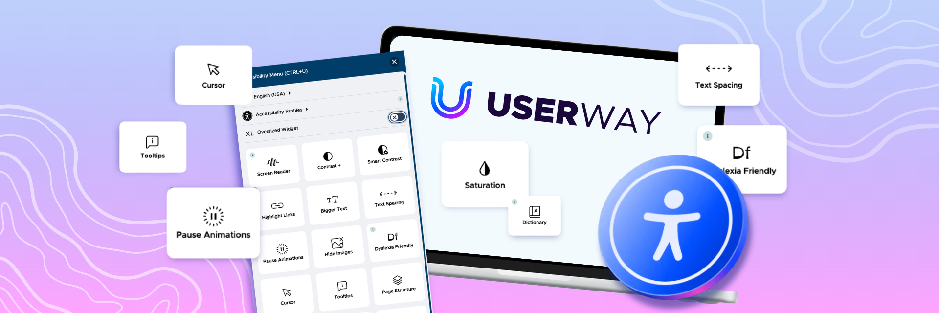 Accessibility-themed UserWay webpage with blue accessibility icon and floating UI panels on a pink-to-purple gradient background