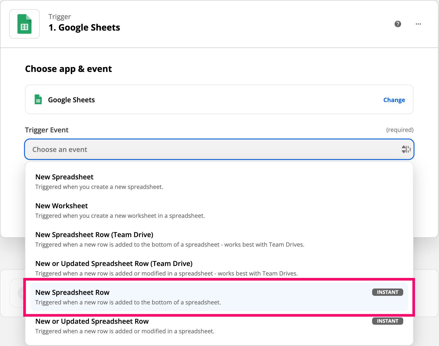 A screenshot of a google sheet choose app and event page.