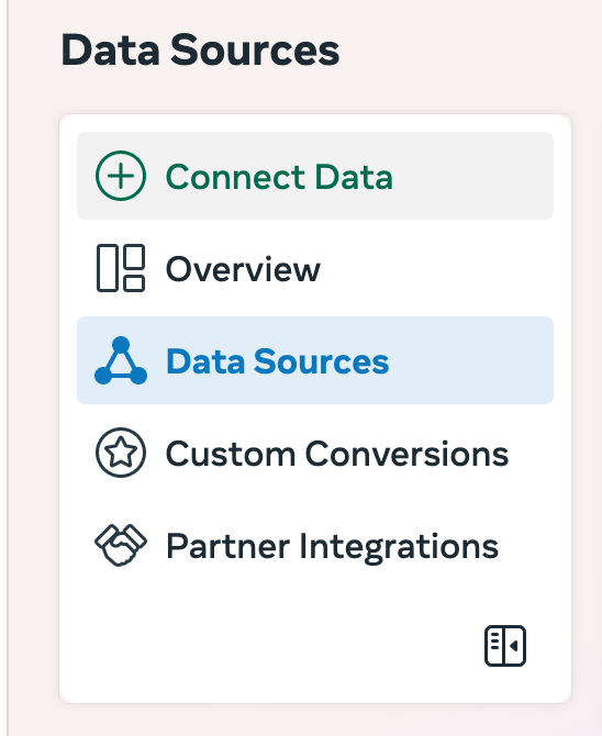 Data Sources menu: Connect Data, Overview, Data Sources, Custom Conversions, Partner Integrations.