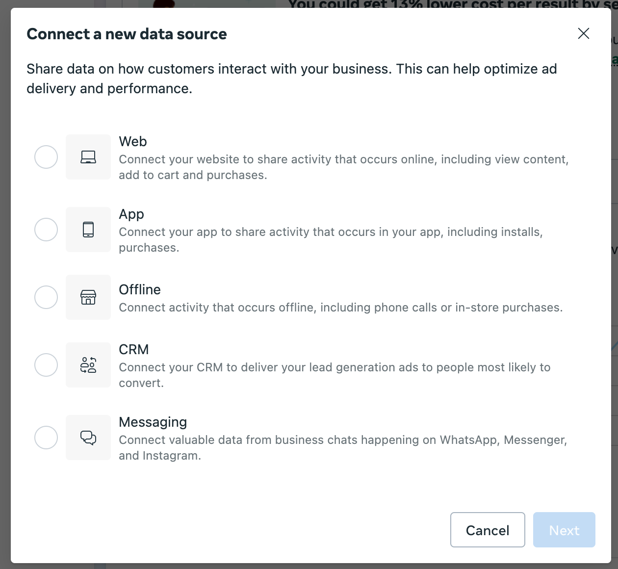 Dialog box to connect a new data source: Web, App, Offline, CRM, and Messaging options.