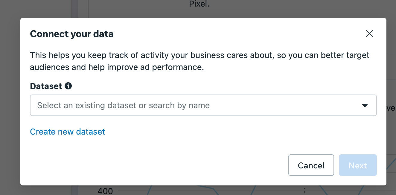 Dialog box to connect data; prompts to select or create a dataset. Has 