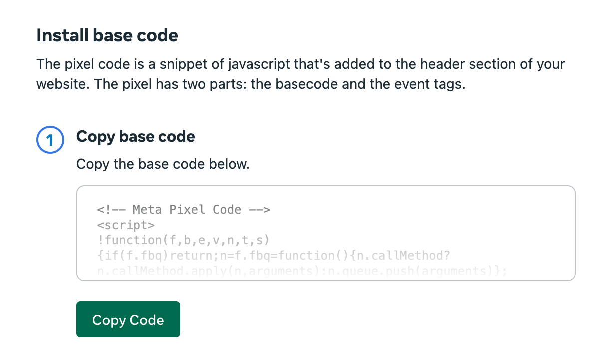 Instructions to install base code for website pixel; shows base code snippet.