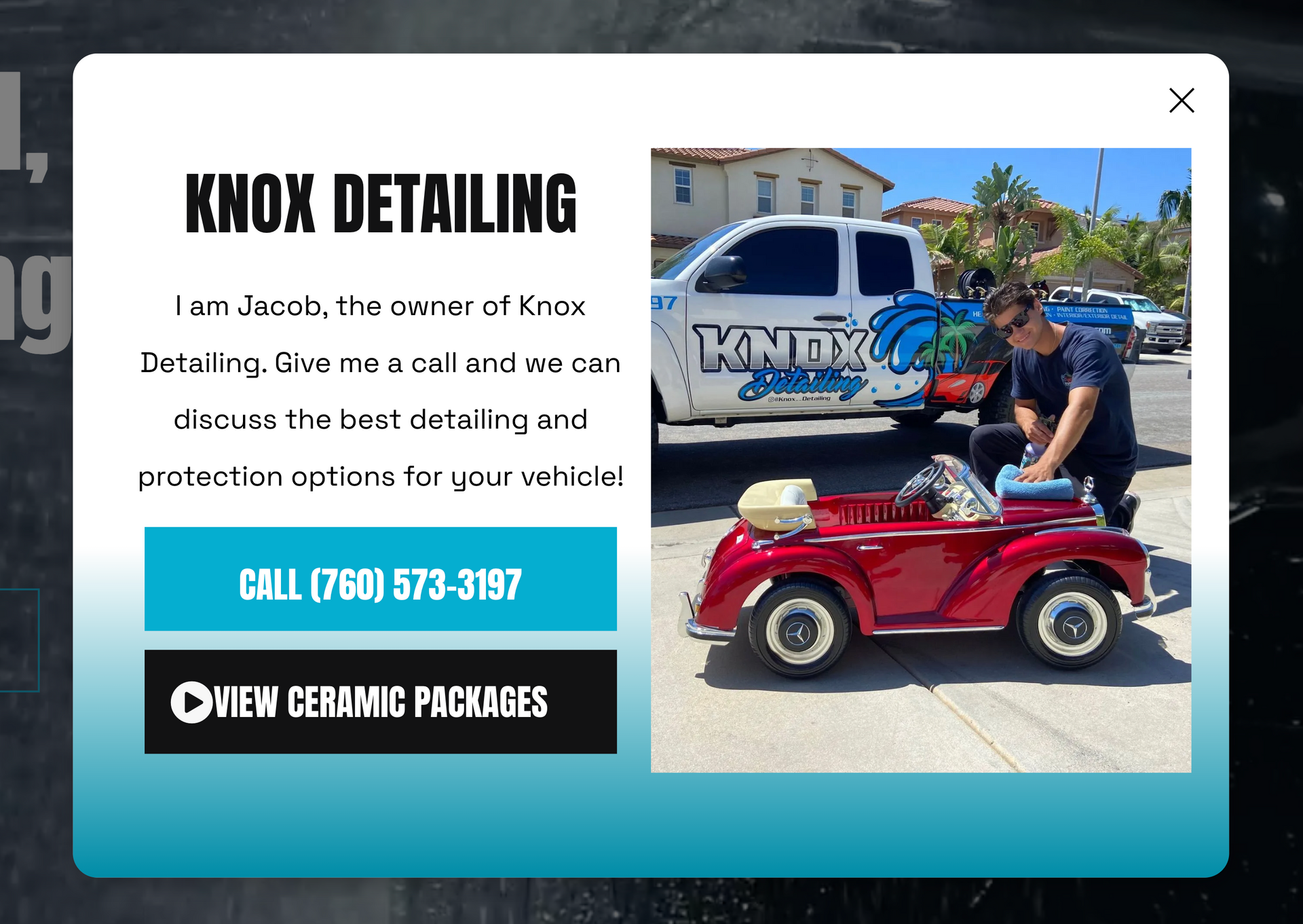 Advertisement for Knox Detailing. Shows a truck, small red car, and a man detailing the car. Call (760) 573-3197.