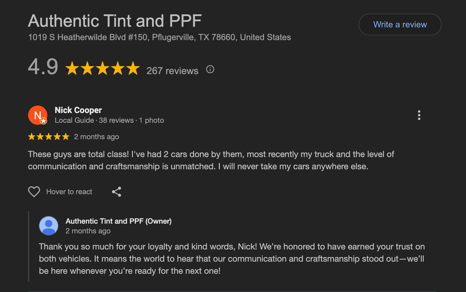 Google business review for Authentic Tint and PPF, featuring a 5-star review by Nick Cooper and owner response.