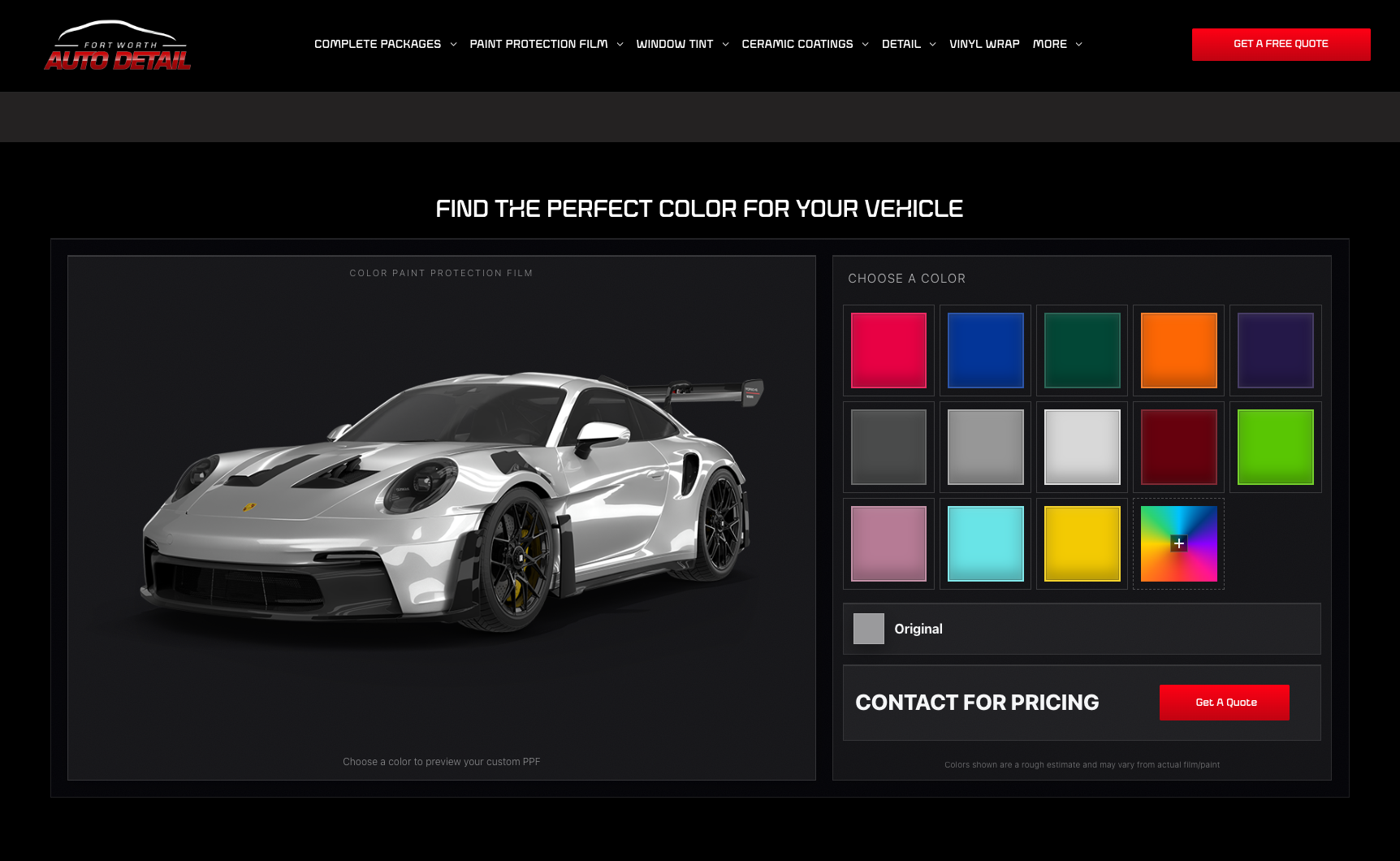 Custom car wrap configurator with silver sports car preview and color swatches on a dark interface