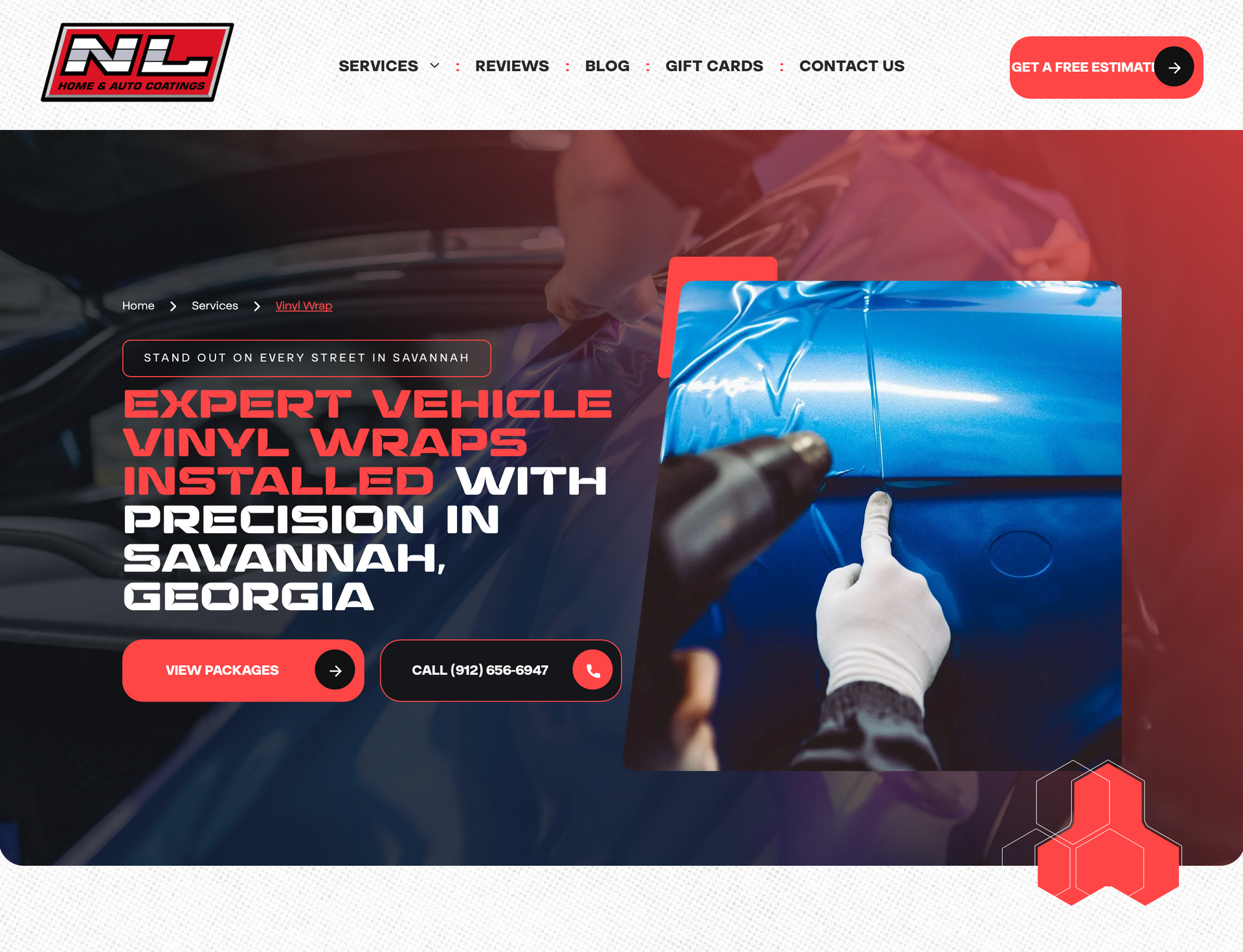 Car wrap service website banner showing a blue vinyl wrap being applied with precision tools